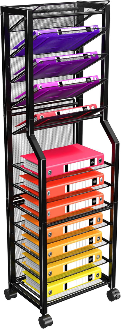 Simple Trending 12 Tier Rolling File Cart, Desk File Organizer with Sliding Trays and Metal Mesh Paper Letter Storage Multi Functional Rolling Clutter Cart for Office, Home, School, Black