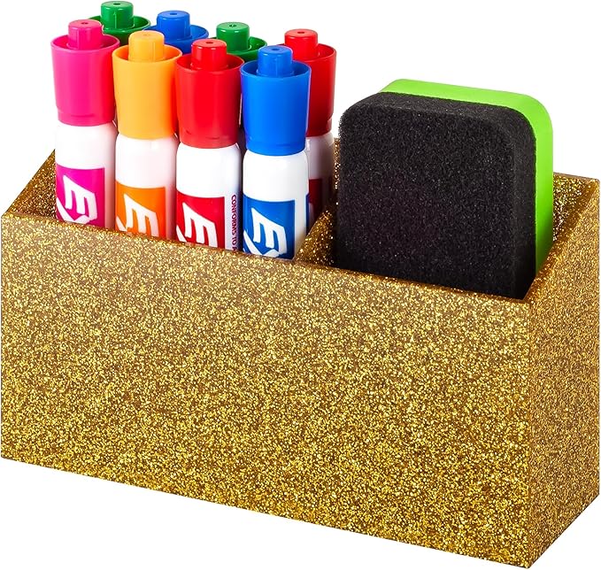 BEYGORM Magnetic Dry Erase Marker Holder for Whiteboard,Non-slip Acrylic Magnet Pen Holder for Fridge Refrigerator,Locker Organizer for Work,Locker Accessories,Pencil Cup for Desk(Gold)