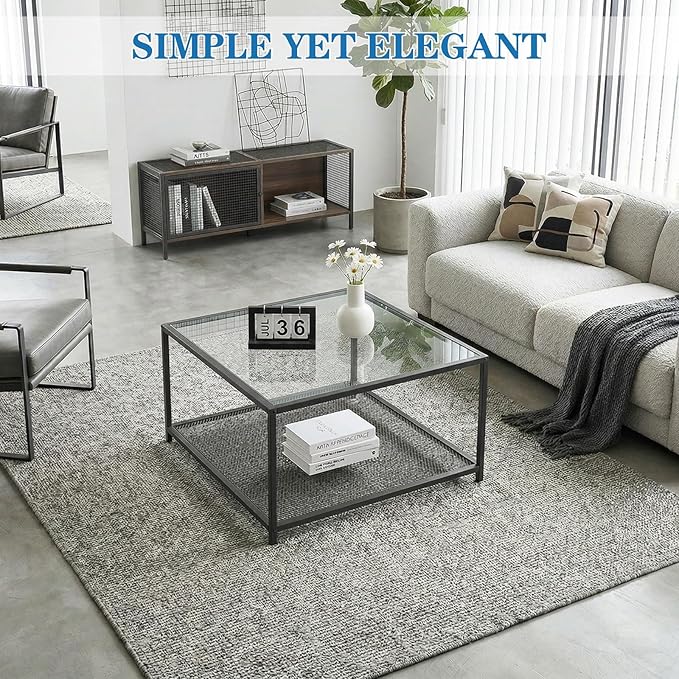 Black Glass Coffee Table, Square Coffee Tables with Storage Shelf, Simple Tea Cocktail Modern Center Tables for Small Space, Living Room, Easy Assembly, 26 * 26in（Black）