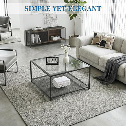Black Glass Coffee Table, Square Coffee Tables with Storage Shelf, Simple Tea Cocktail Modern Center Tables for Small Space, Living Room, Easy Assembly, 26 * 26in（Black）
