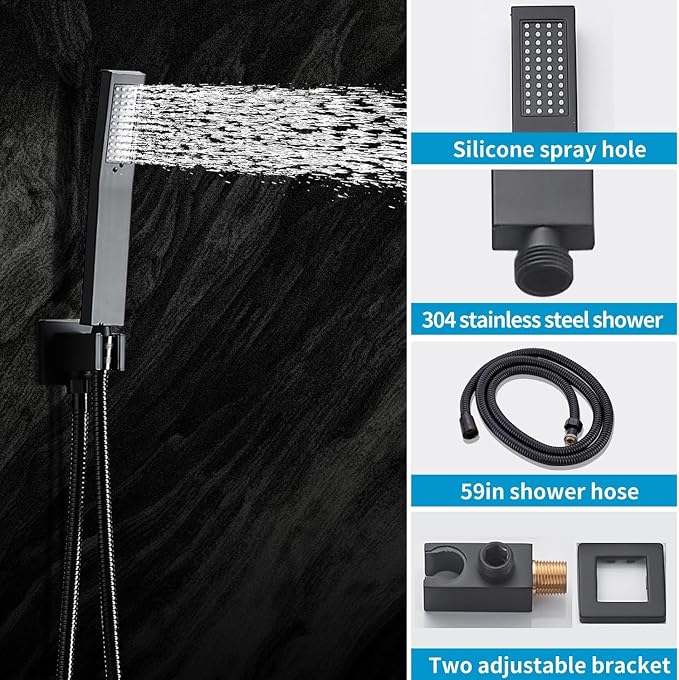 Matte Black Shower Faucet 12 Inch Set with Tub Spout, Shower Head and Handle with 2 Hooks Rain System Square Wall Mount for Bathroom