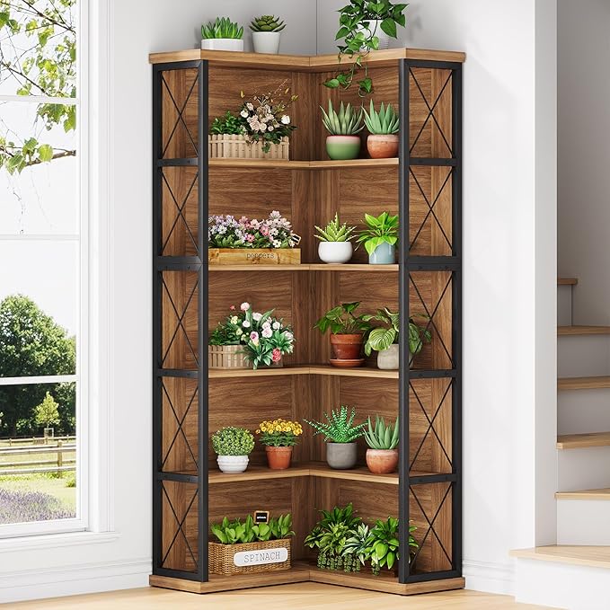 Condemo 5-Tier L Shaped Bookshelf, Vintage Industrial Corner Bookcase, Large Tall Storage Shelves Display Rack with Metal Frame for Living Room, Home Office, Bedroom, Light Brown