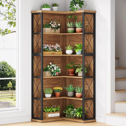 Condemo 5-Tier L Shaped Bookshelf, Vintage Industrial Corner Bookcase, Large Tall Storage Shelves Display Rack with Metal Frame for Living Room, Home Office, Bedroom, Light Brown
