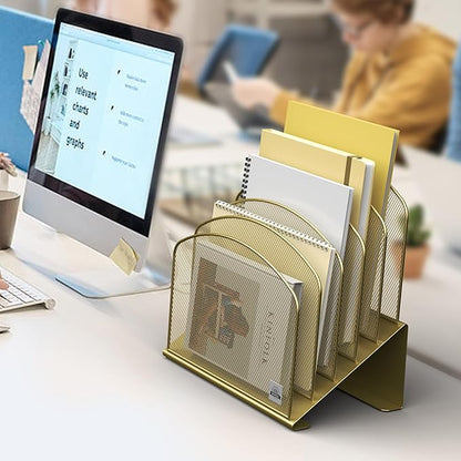 Inclined Desk File Organizer, 5-Section Vertical File Folder Holder Stand Metal Rack File Sorter for Office Classroom Desktop Organization (Gold, 1Pack)