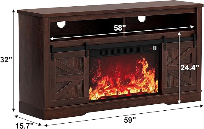 JUMMICO Fireplace TV Stand for 65+ Inch TV with 26'' Fireplace Entertainment Center with Storage Cabinet and Adjustable Shelves, Media Console with Sliding Barn Door for Living Room (Brown)