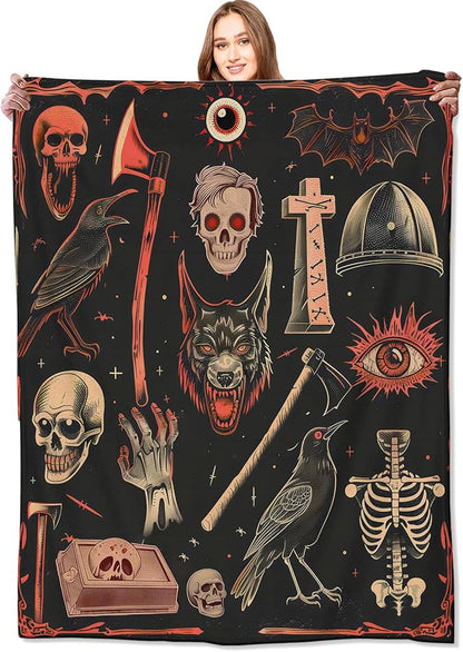 Vintage Gothic Horror Blanket,Creepy Goth Skeleton Skulls Bats Fun Throw Blankets,Gifts for Women Men, Lightweight Soft Fleece Cozy,for Couch Bed Room,Festival Halloween Decor,40x50in