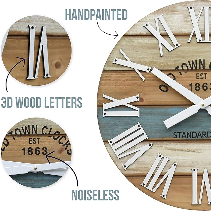 Oldtown Clocks 18" Wooden Multi-Color Maritime Coastal Beach Large Roman Wall Clock (Blue, 18 inch)