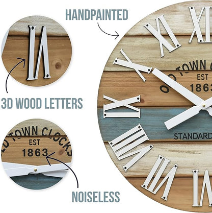 24" Wooden Multi-Color Maritime Coastal Beach Large Roman Wall Clock (Blue, 24 inch)