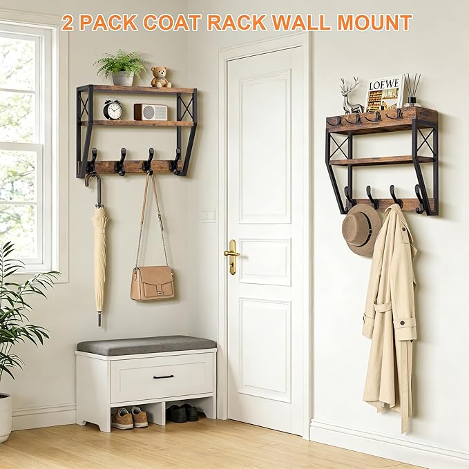 Upgraded 3-Tier Large Coat Rack Wall Mount with Shelf, 4 in 1 Versatile Coat and Key Hanger Wall Mount, 32-inch Entryway Wall Shelf with 12 Hooks and Mail Holder for Living Room Bedroom Bathroom