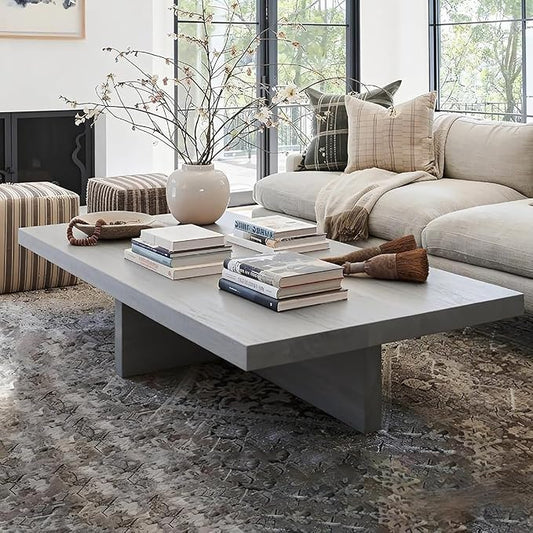 Solid Wood Square Coffee Table 2 Inch Thick Farmhouse Low Minimalist Center Table for Living Room Office