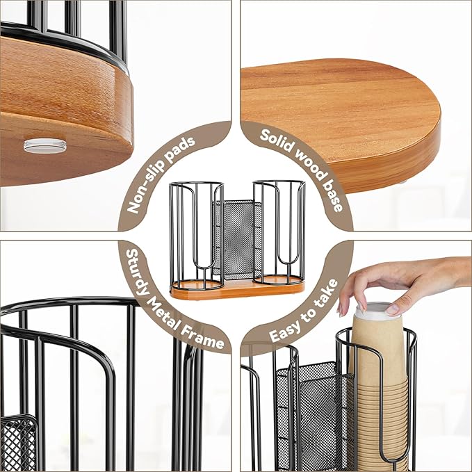 Coffee Cup and Lids Holder - Disposable Cups Straws Organizer with Wooden Base - Paper Plastic Cup Holder Dispenser Storage for Countertop Coffee Station Bar Restaurant Office Breakroom Shop Kitchen