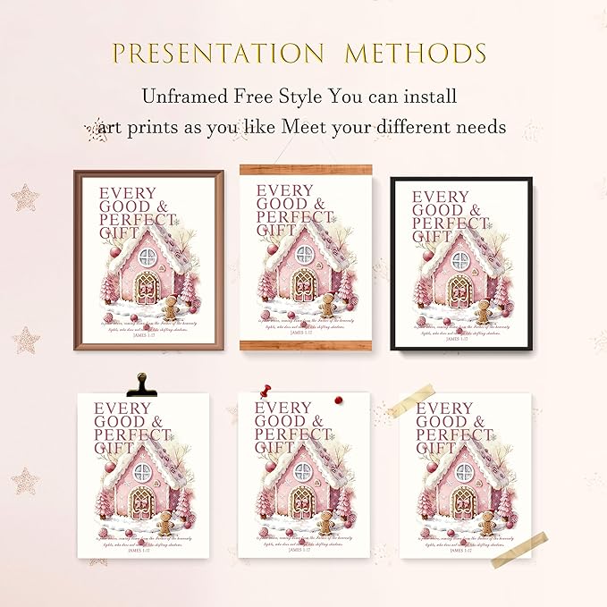 LARTSFRO Coquette Pink Christmas Gingerbread House Gifts Wall Art Decor Posters, Cute Christmas Gingerbread Man Christian Room Bathroom Bedroom Dorm Wall Art Decor Aesthetic for College Teen Girls Gifts, Inspirational Bible Verses Gingerbread Wall Deco...
