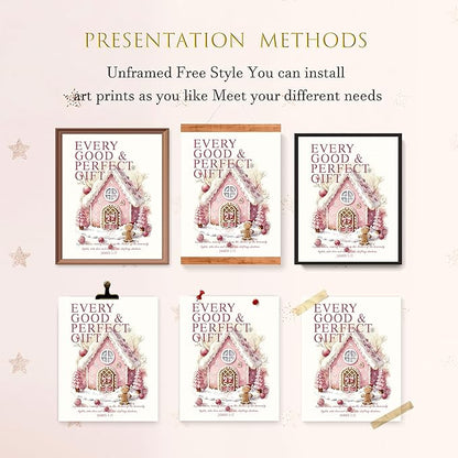 LARTSFRO Coquette Pink Christmas Gingerbread House Gifts Wall Art Decor Posters, Cute Christmas Gingerbread Man Christian Room Bathroom Bedroom Dorm Wall Art Decor Aesthetic for College Teen Girls Gifts, Inspirational Bible Verses Gingerbread Wall Deco...