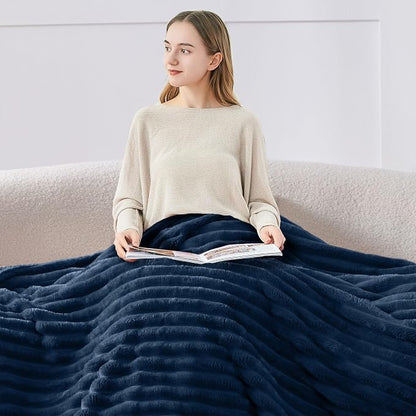 BEDELITE Fleece Throw Blanket for Couch - 300GSM Soft & Warm Fluffy Navy Blanket, Decorative and Giftable Striped Blankets for Women, Men, 50"x60"