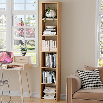 Tall Cube Storage Organizer Bookcase, 6 Tier 11 inch Open Back Cubical Shelf with Thickened Border, Display Bookshelf for Living Room, Home Office, Sturdy Room (Natural Oak, 6 Cube,Vertical)