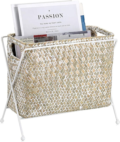 BTSKY Handwoven Magazine Holder, Natural Seagrass Magazine Basket with Metal Rack, Mail Holder Floor Organizer for Office, Living Room, Dorm, Bathroom, Woven Rattan File Basket with Handle (White)