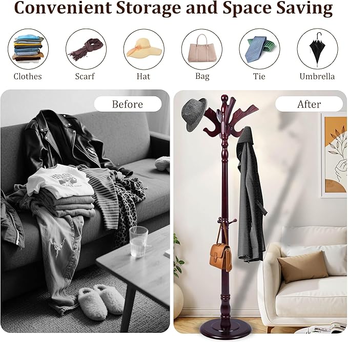 Wooden Coat Rack Freestanding with 11 Hooks Bird Style, 71'' Vintage Coat Racks Tree, Adjustable Height, Coat Hanger Stand with Sturdy Base, Coat Tree Hats Hanger for Living Room, Bedroom, Entryway