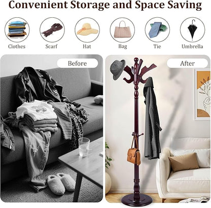 Wooden Coat Rack Freestanding with 11 Hooks Bird Style, 71'' Vintage Coat Racks Tree, Adjustable Height, Coat Hanger Stand with Sturdy Base, Coat Tree Hats Hanger for Living Room, Bedroom, Entryway