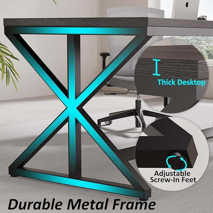 IBF Long Grey Computer Desk, Modern Large Wood Metal Office Desk, Industrial Pc Study Gaming Writing Table for 2 Person, Executive Workstation for Home Bedroom Living Room, Dark Gray, 70 Inch