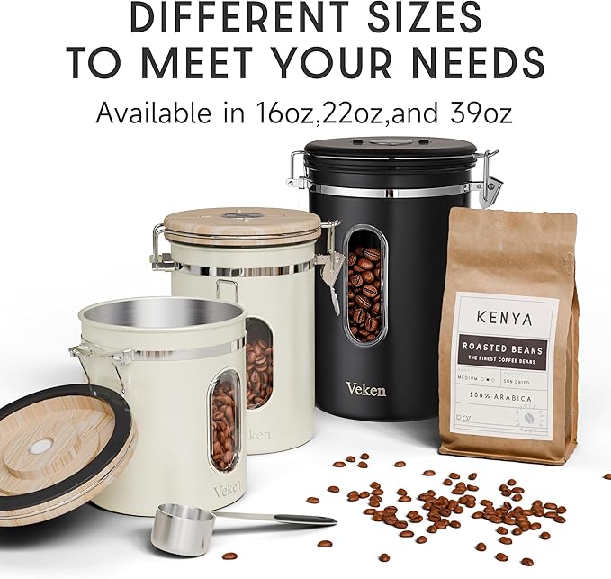 Veken Coffee Sugar Canister with Window, Airtight Stainless Steel Kitchen Food Storage Container with Lids, Date Tracker and Scoop for Grounds Coffee, Beans, Tea, Flour, Cereal Jars, 16OZ, Cream