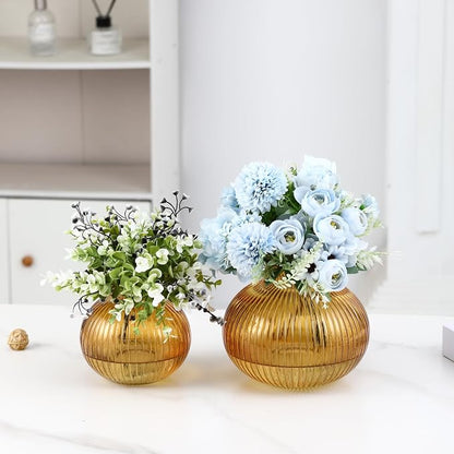 Amber Glass Vases for Tulips, Set of 2, Flower Vases for Bouquet, Ribbed Glass Vase for Flowers, Short Vase for Living Room, Office, Coffee Table, Shelf, Wedding
