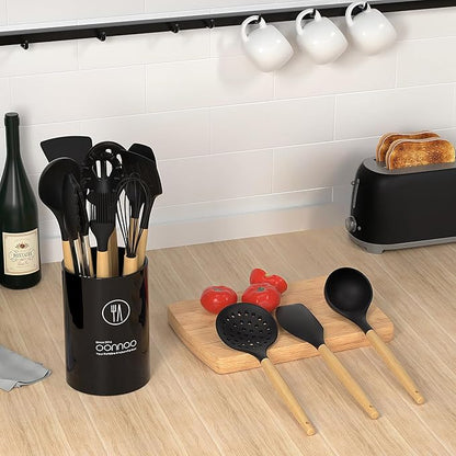 oannao Silicone Cooking Utensils Set Utensil Sets - 446°F Heat Resistant Silicone Kitchen Utensils Set Wooden Handles, Silicone Utensils for Cooking w Holder for Non-Stick Cookware BPA FREE (Black)