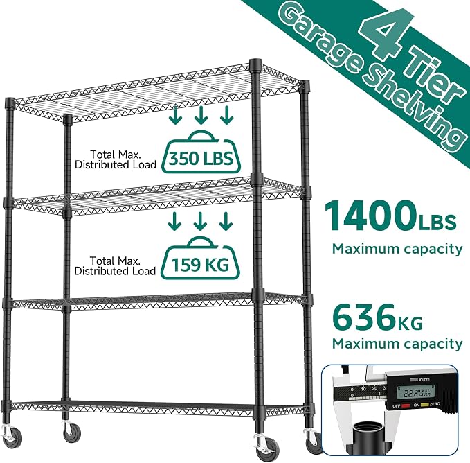 M MZG 1400LBS 47.2" W 4 Tiers Storage Shelves Metal Shelving Unit with Wheels Heavy Duty Garage Shelving Adjustable Wire Shelves for Pantry,Kitchen,Garage,Basement,Black 17.7" D x 47.2" W x 62.7" H