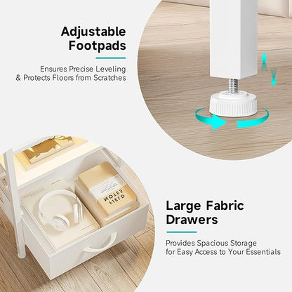Lazzanto Night Stand Bedside Table Bedroom - White Nightstand with Charging Station & LED Light Strip, Morden Bed Side End Table with Storage Shelf & 2 Fabric Drawers, U-S-B Ports & AC Outlets
