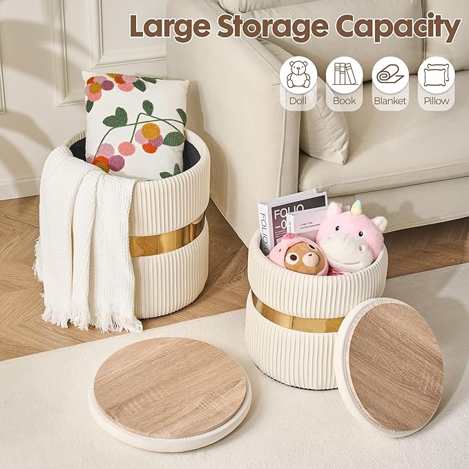 YYW HOME Velvet Round Ottoman with Storage Set of 2 for Livingroom Small Foot Stool Ottoman for Living Room Small Coffee Table Vanity Stool with Storage for Bedroom White