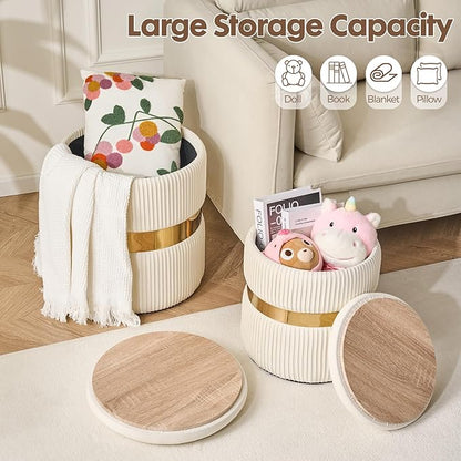 YYW HOME Velvet Round Ottoman with Storage Set of 2 for Livingroom Small Foot Stool Ottoman for Living Room Small Coffee Table Vanity Stool with Storage for Bedroom White