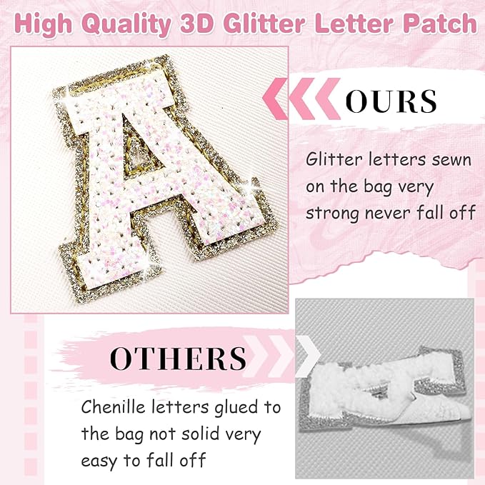 Small Initial Patch Makeup Bag Personalized Gifts Make Up Bag,White Cute PU Leather Glitter Letter Cosmetic Bag with Zipper,Trendy Portable Travel Toiletry Pouch,Preppy Stuff for Teen Girls Women V