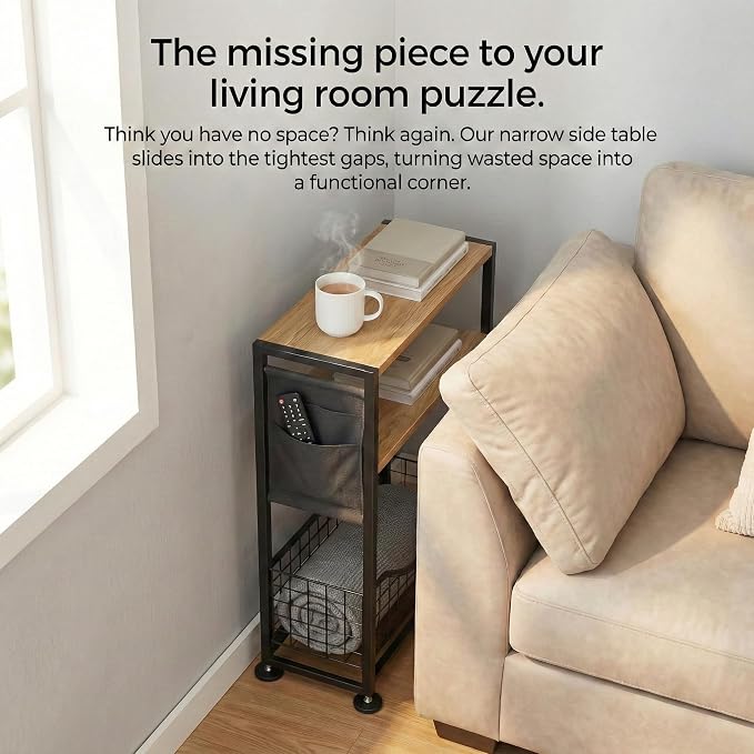 Skinny Side Table with Storage, 3 Tier Slim Side Tables for Small Spaces, Skinny End Table Narrow Bedside Table Narrow Side Table for Living Room, Bedroom