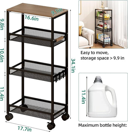 Utility Slim Storage Cart, 4 Tier Rolling Cart with Wheels, Laundry Shelves with Wood Top, Narrow Cabinet for Bathroom Organization, Small Organizer for Kitchen, Office and Dorm (Black, 9.1'')