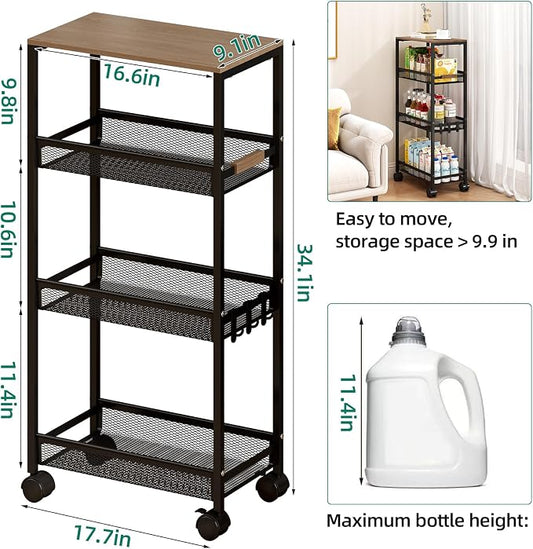 Utility Slim Storage Cart, 4 Tier Rolling Cart with Wheels, Laundry Shelves with Wood Top, Narrow Cabinet for Bathroom Organization, Small Organizer for Kitchen, Office and Dorm (Black, 9.1'')