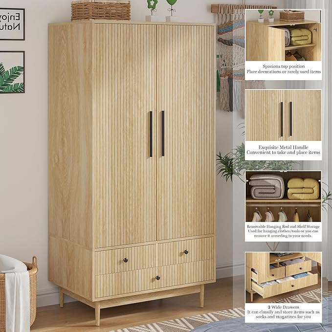 Armoire Wardrobe Closet with 2 Fluted Doors,64.96" Wooden Clothes Storage Cabinet with Hanging Rod and Shelf Storage,Wardrobe Cabinet with 3 Drawers,Freestanding Closet for Bedroom (Natural)