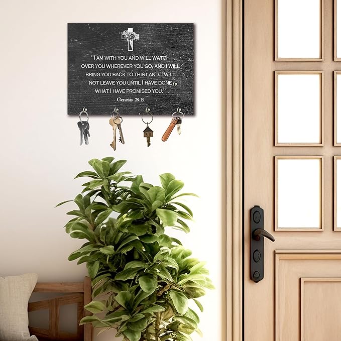 11" x 8" Black Distressed Solid Wood Wall-Mounted Key Holder - Genesis - with 4 Metal Hooks for Easy Hanging, Suitable for farmhouses, Homes, bedrooms, Wall Decorations & Gifts (1 Pcs) - A12