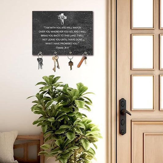 11" x 8" Black Distressed Solid Wood Wall-Mounted Key Holder - Genesis - with 4 Metal Hooks for Easy Hanging, Suitable for farmhouses, Homes, bedrooms, Wall Decorations & Gifts (1 Pcs) - A12