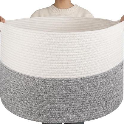 OIAHOMY 115L Extra Large Blanket Basket for Living Room, 23.6" x 15.4" Woven Cotton Rope Laundry Basket for Organizing Pillows, Decorative Stuffed Animal Toy Storage for Nursery, White and Light Grey