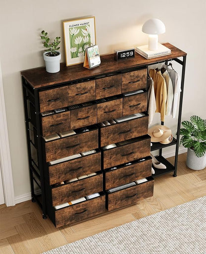 GarveeHome Dresser with 16 Drawers & Hanging Rod & Shelves, Fabric Storage Organizer for Bedroom, Closet, or Entryway