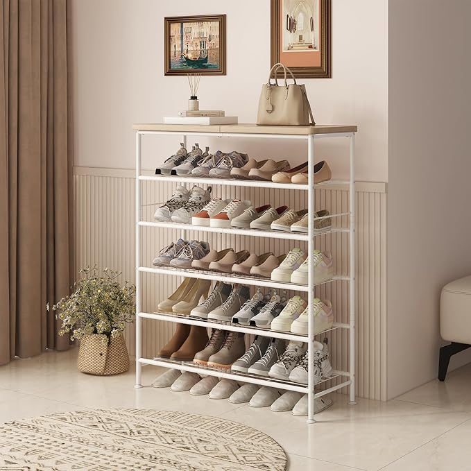 SUOERNUO Shoe Rack Organizer 6 Tier for Closet Entryway Free Standing Metal Storage Shoe Shelf with MDF Top Board，White+Oak