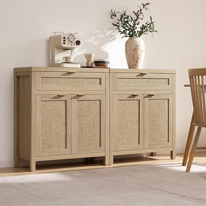 SICOTAS Sideboard Buffet Storage Cabinet, Rattan Accent Cabinet with Doors and Drawer, Boho Credenzas Buffet Table Console Coffee Bar Cabinets for Entryway Living Room, Natural
