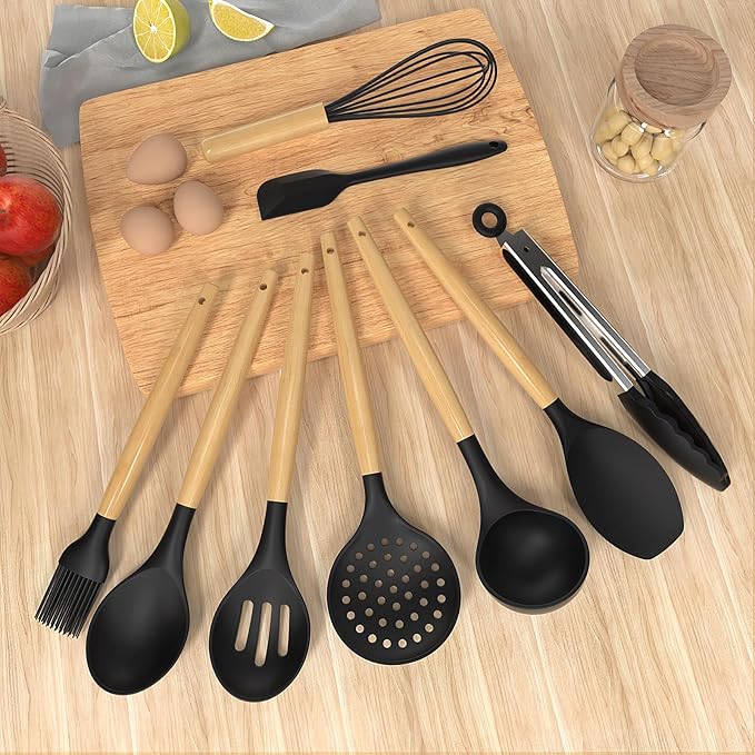 oannao Silicone Cooking Utensils Set Utensil Sets - 446°F Heat Resistant Silicone Kitchen Utensils Set Wooden Handles, Silicone Utensils for Cooking w Holder for Non-Stick Cookware BPA FREE (Black)