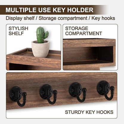 Key and Mail Holder Wall Mount, Key Hanger with Long Storage Box and 6 Hooks for Coat, Dog Leash, Home Decor Rack, House Accessories, Entry Way Organizer (Brown)