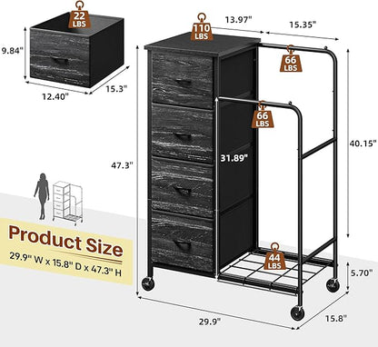 47.3" H Dresser with Hanging Rack, 4 Fabric Drawers with Double Clothes Rack & Wheels, Tall Closet Organizer Dresser for Bedroom, Entryway, Black, 15.8" D x 29.9" W x 47.3" H