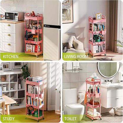 Sorgion 4 Tier Rolling Cart Organizer,Art Craft Diaper Bedside Snack Laundry Room Bathroom Organizer Narrow Thin Slim Rolling Trolley Utility Cart with Wheels for Kitchen,Office(Pink)