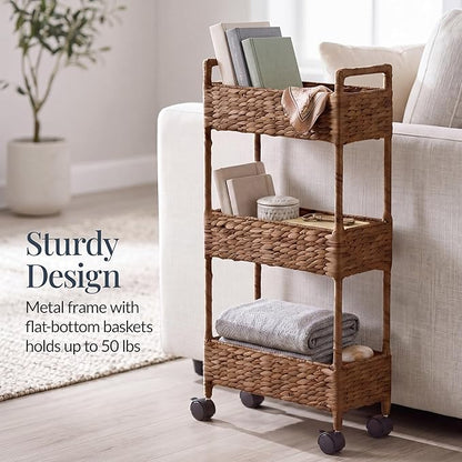 Best Choice Products 3-Tier Slim Water Hyacinth Rolling Nursery Caddy w/Wheels, Handwoven Utility Cart, Narrow Storage Organization for Bathroom, Craft Room, Laundry Room - Chestnut