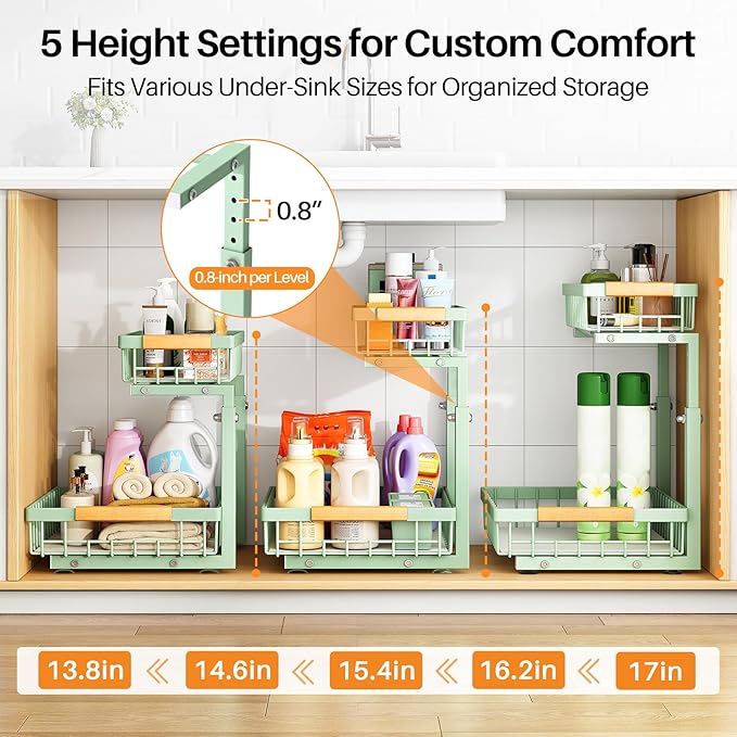 PXRACK Under Sink Organizer, Adjustable Height, 2 Tier Pull Out Under Cabinet Organizer, Slide Out Thickened Metal Under Sink Storage for Kitchen Bathroom Laundry Pantry Cabinet, Green, Large-2-Pack