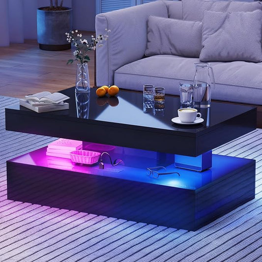39" High-Glossy LED Coffee Table with 2 Sliding Drawers,Living Room Storage Coffe Tables,Modern Stylish Double-Layer Center Tables with LED Lights,Black