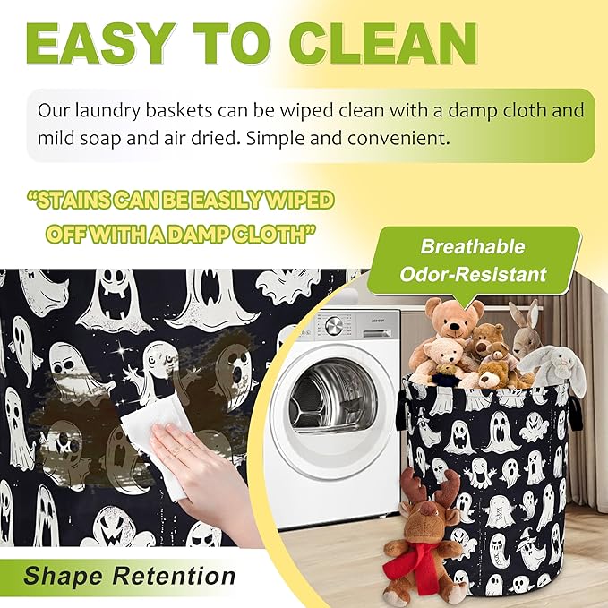 Cute Ghost Laundry Basket Funny Spooky Foldable Waterproof Oxford Cloth Tote Bag Laundry Hamper Round Large Clothes Storage Bucket Toy Organizer For Bathroom/Laundry Storage/Bedroom 18.9x16.5 Inch