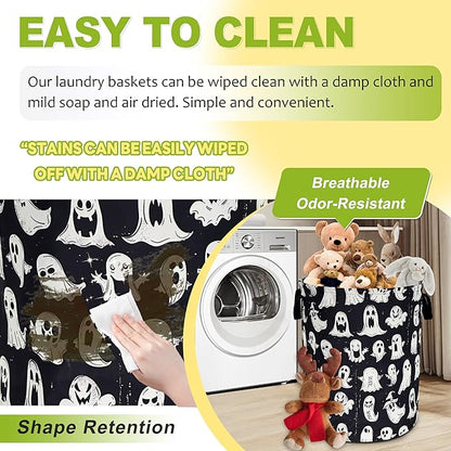 Cute Ghost Laundry Basket Funny Spooky Foldable Waterproof Oxford Cloth Tote Bag Laundry Hamper Round Large Clothes Storage Bucket Toy Organizer For Bathroom/Laundry Storage/Bedroom 18.9x16.5 Inch